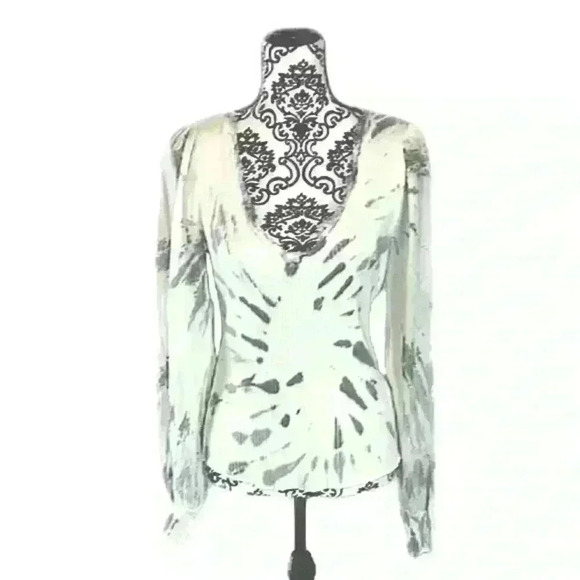 Maven West Gray Tie Dye knit Sheer Sleeve Plunge Neckline Folk Lore Top, S - Picture 10 of 12